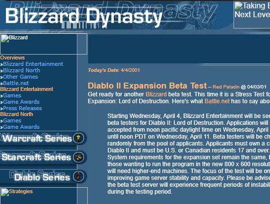 The Blizzard Dynasty fan site Christopher built, captured April 2001: the masthead banner, the Warcraft, StarCraft and Diablo section navigation, and the first news headline dated 4/4/2001.